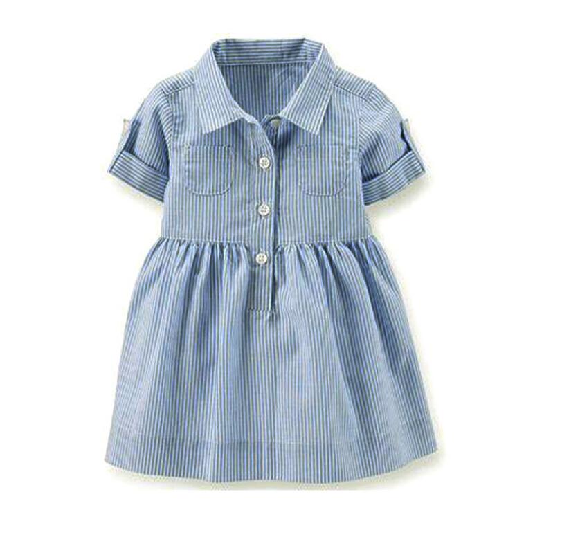 

Girl Summer Short Sleeve Striped Turn-Down Collar Dress Baby Light Blue Skirt Baby Clothing CN G028, As picture