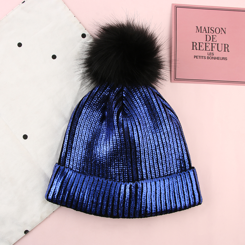 Women Girls Knitted Bronzing Gold Silver Beanies Ball Hat For Women Winter pompom Hats Female Skullies Beanie Bonnet Warm Hat Y18102210