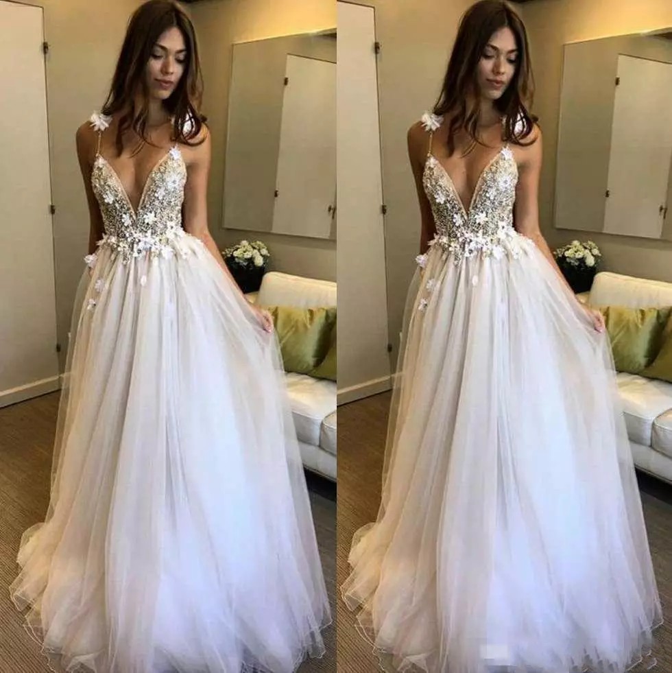 

Boho Beach Wedding Dresses 2020 Berta A-Line Deep V-Neck Backless 3D Applique Beaded Flowers Floor Length Tulle Bridal Gowns, White