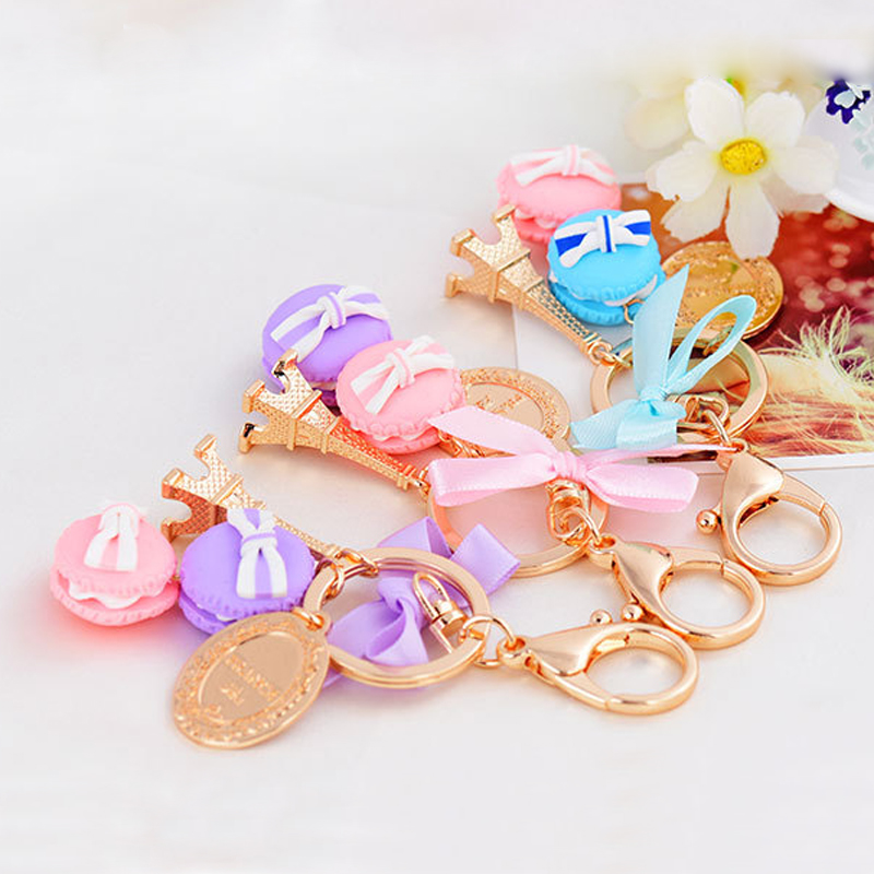 

Macarons Cake Keychains Women Bag Charm Pendant Macarons Eiffel Tower Key Ring Macarons cookies Key rings Car Accessories