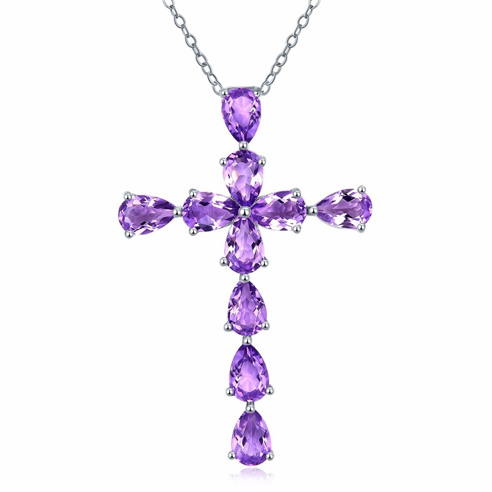 

New Fashion Jewelry Plated 925 Silver Amethyst Natural Colored Gem Cross Pendant Female Clavicle Necklace,New Design in Wholesale