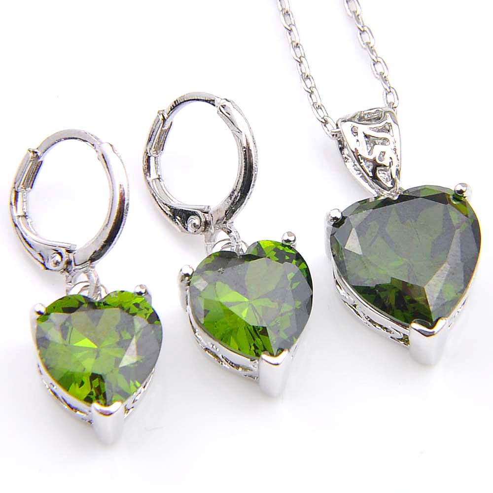 

Novel Luckyshine 5 Sets 925 Silver Pendants Necklaces Earrings Fashion Heart Peridot Crystal Cubic Zirconia Gift Wedding Jewelry Sets, Olive green