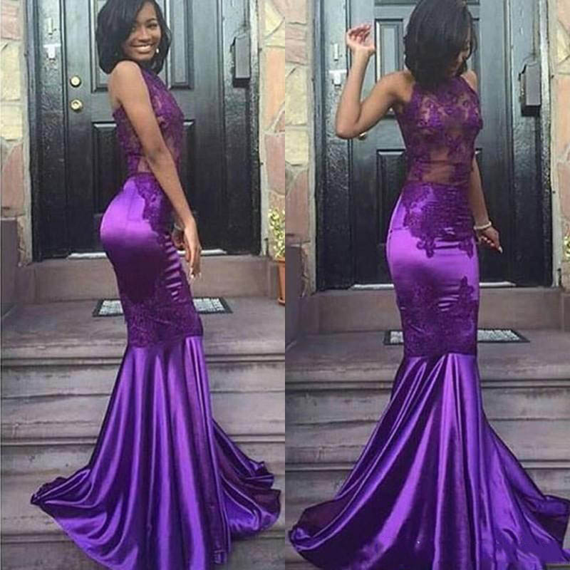 

Sexy Black Girls Sexy Lace Appliques Purple Halter Open Back Mermaid Prom Dresses Sleeveless Sexy Illusion Evening Arabic Party Gowns, Same as picture