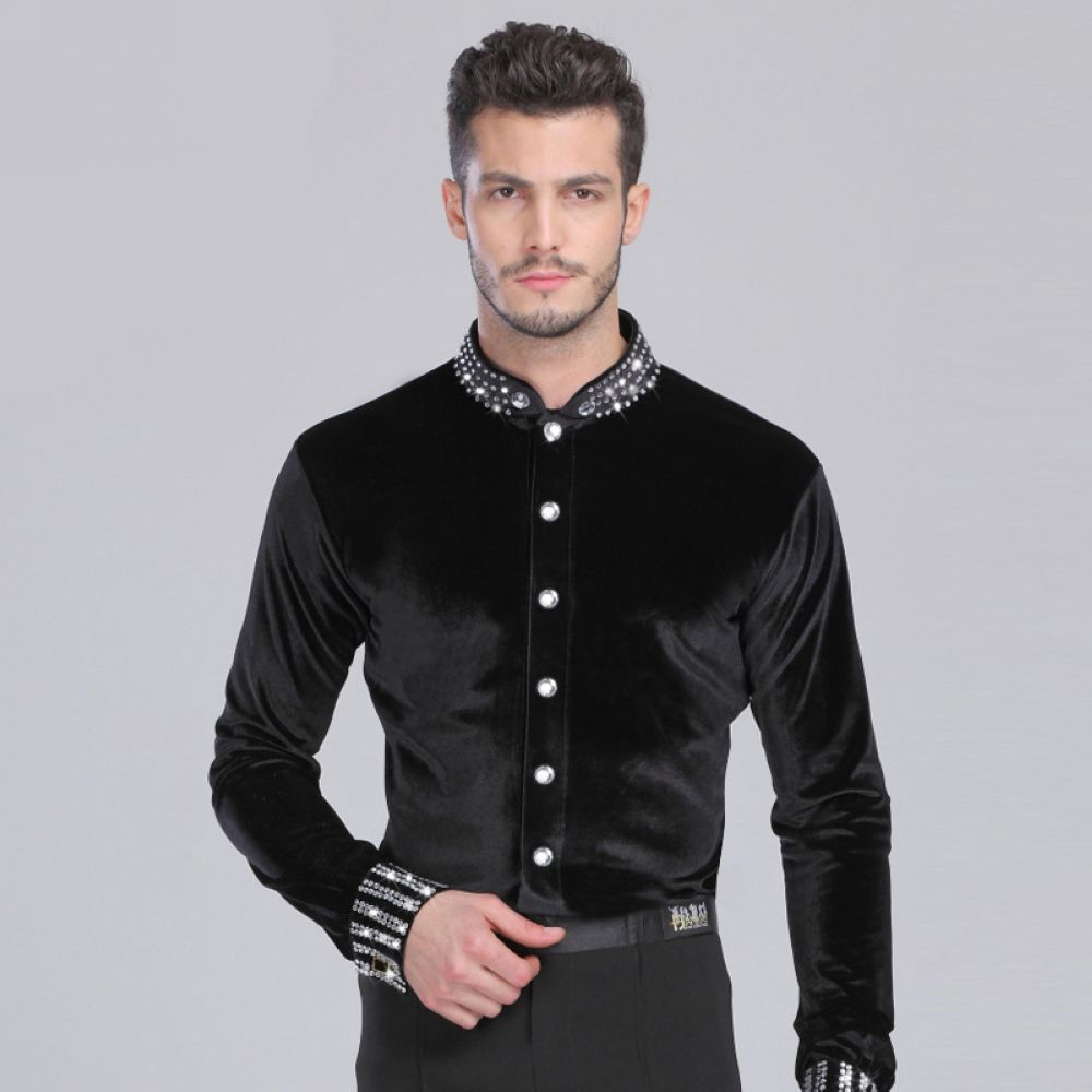 

Latin Dance Shirts Men Jumpsuit Latina CHEAPEST D0319 Dance Top Shirt Black Long Sleeve Romper Bodysuits Rhinestones