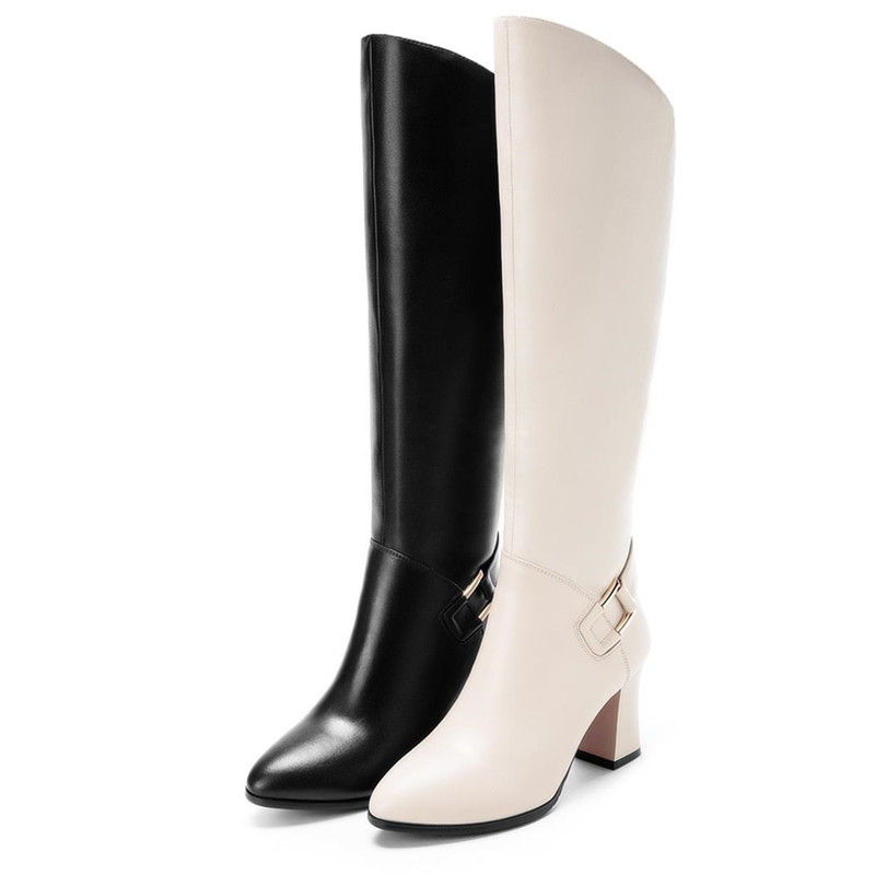 

knee high boots fashion elegant winter boots simple buckle solid genuine leather boots round toe womens shoes, Black