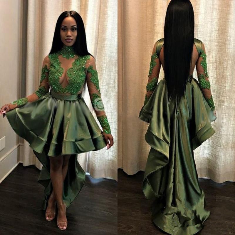 

Sexy Green High Low Prom Dresses High Neck Long Sleeves Sequins Beaded Appliques Satin Backless Party Dresses Short Prom Dresses, Dark navy