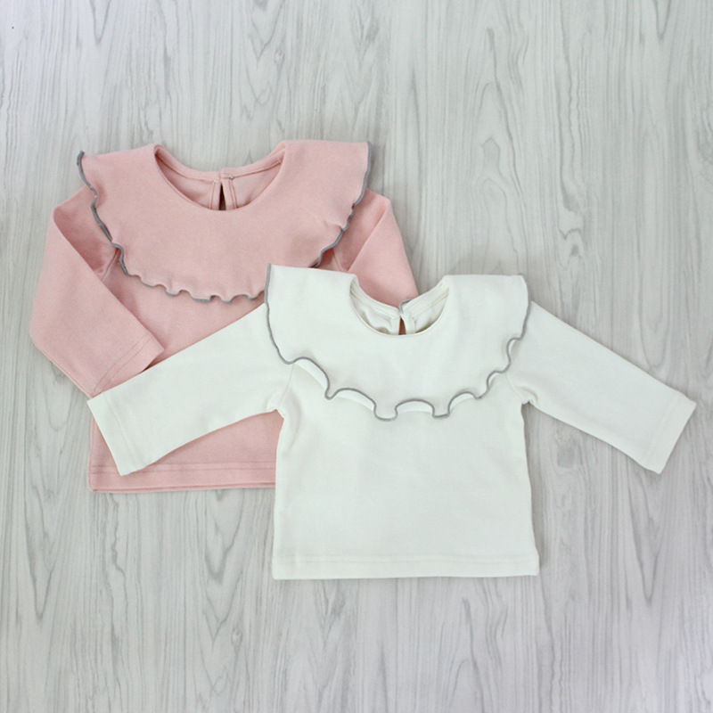 

ins Korean cute style baby girl ruffle collar T-shirt long sleeve solid color 100% cotton T-shirt soft kids spring fall clothing, White