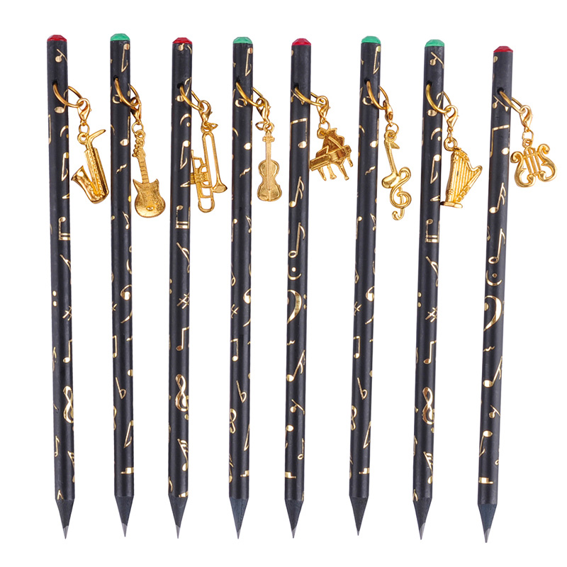 

All Black Music Themed Pencils with Cute Cartoon Musical Instruments Pendant Artist Pencil Set