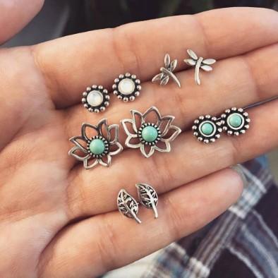 

Set of Stud Earrings Turquoise Cluster Vintage Lotus Dragonfly Ear Studs Antique Silver, Golden;silver