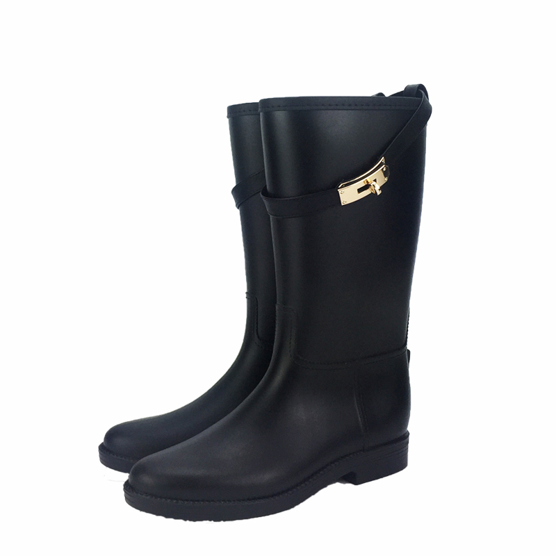 

Fashion Buckle Strap Mid-Calf Rain Boots Female Waterproof Water Shoes Wellies Non-Slip PVC Rainboots Black