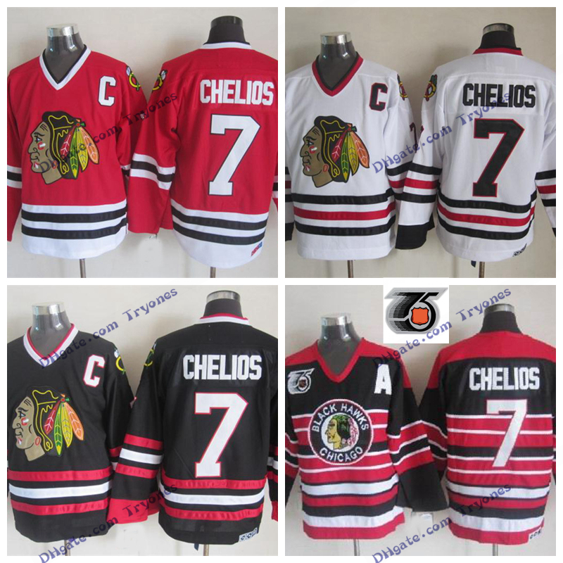 

Vintage Chicago Blackhawks Chris Chelios Hockey Jersey Home Red 75th Anniversary Classic #7 Chris Chelios Stitched Hockey Shirts C Patch