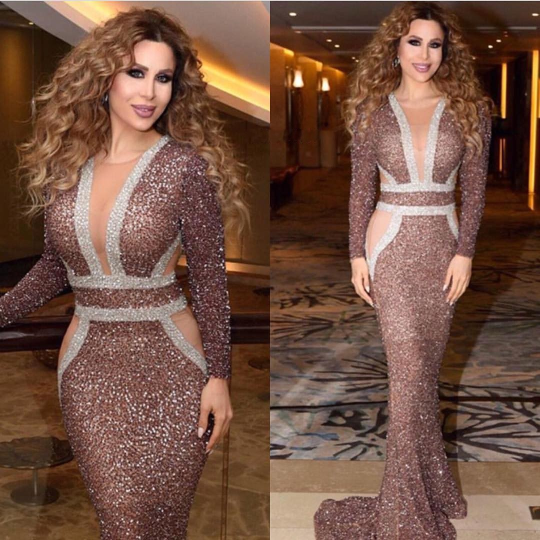 

Sparkly Yousef Aljasmi Sequined Evening Dresses Sheer Deep V Neck Plus Size Prom Gowns Sheath Long Sleeves Formal Dress, Brown