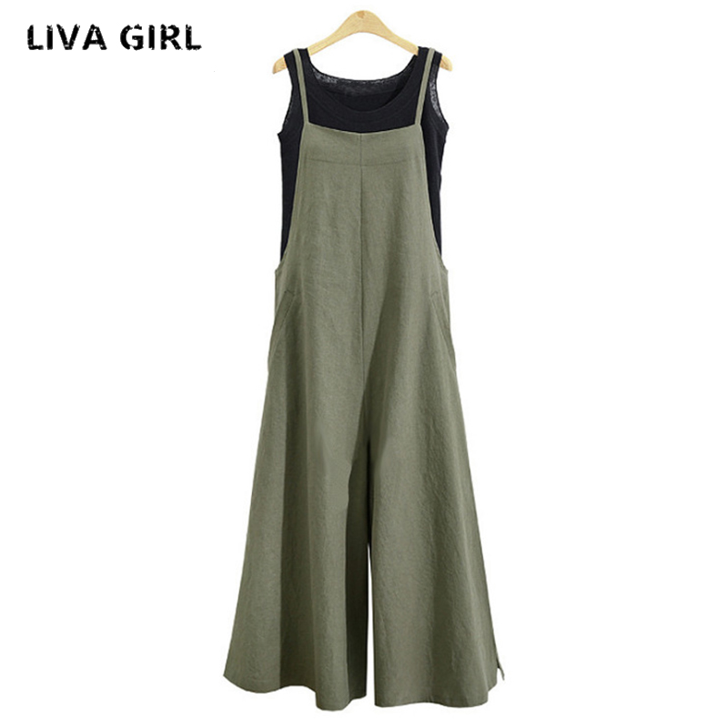 2018 Summer Women Cotton Linen Wide Leg Romper Solid Strappy Sleeveless Jumpsuits Dungaree Loose Casual Bib Overalls M-5XL-image-424689684