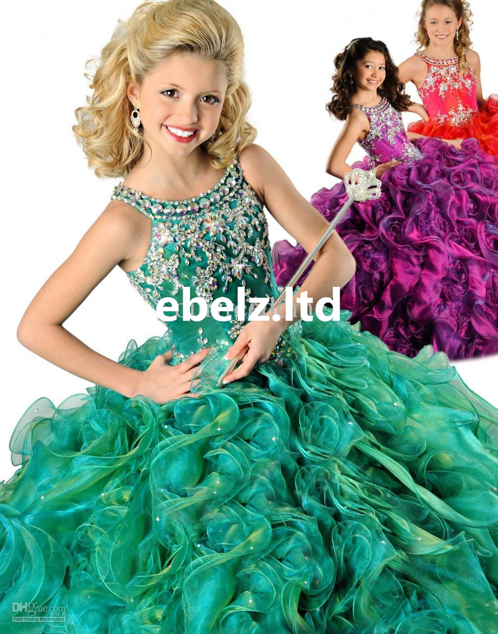 

2017 dresses New Hot Red Purple Green Girl's Pageant Dresses Crew Beaded Rhinestone Ruffles Ball Gown Floor Length Organza Flower Girl Gowns, Pink