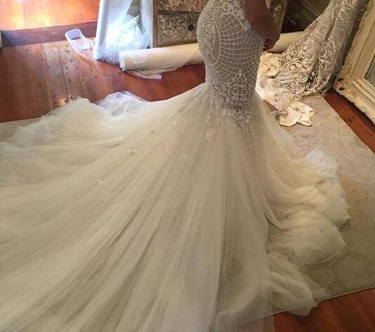 

New Gorgeous Mermaid Wedding Dresses Saudi Arabic Sweetheart Lace Spaghetti Straps Bridal Gowns Vestios, Same with picture