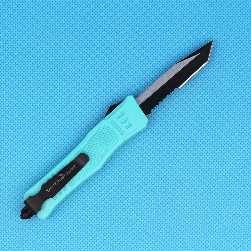 

Special Offer Baby Blue Handle 7 Inch Small 616 Tactical Knife 440C Single Edge Tanto Half Serration Black Blade EDC Pocket Knives