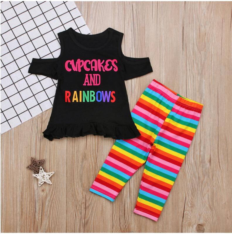 

Girl Summer Off Shoulder T-Shirt + Striped Pants Set Baby Girl Black Letter Print Tops and Trousers Set Two Pieces Kids Clothing Clothes, As picture