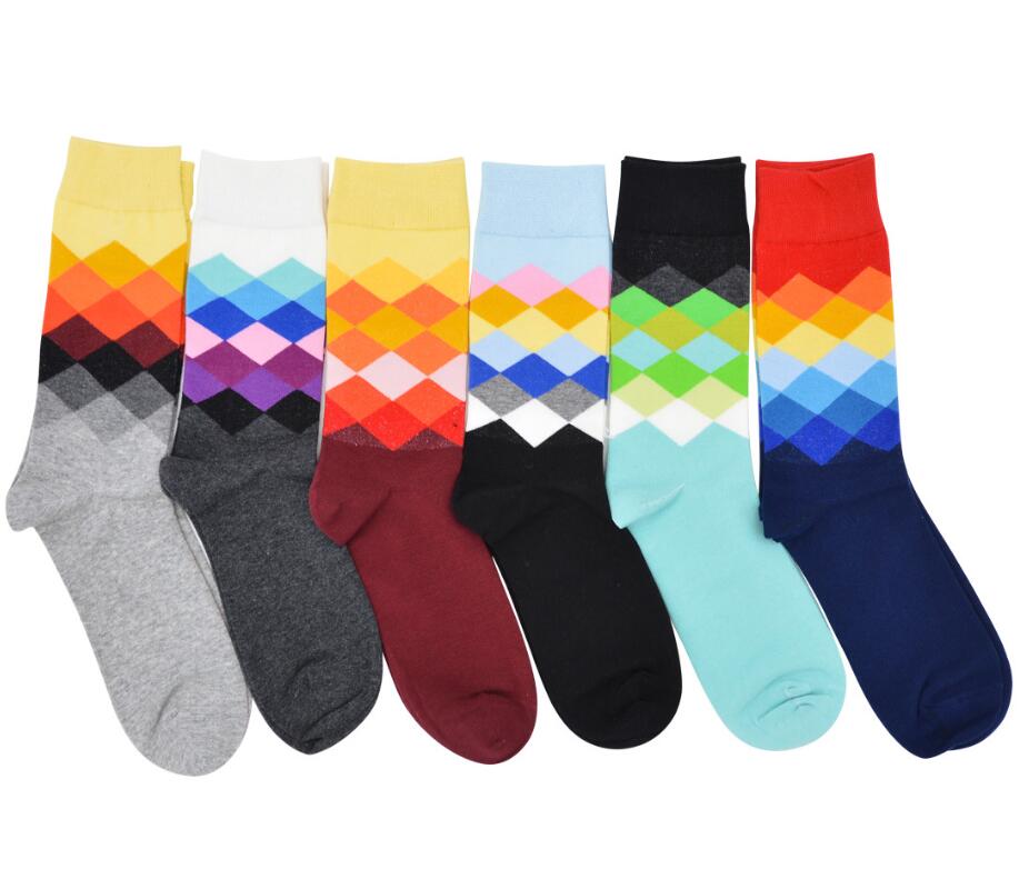 Mens Athletic Cushion Crew Sock Plaid printing diamond Gradient color Long Sock Sports