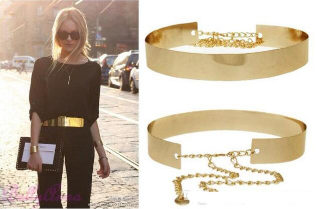 2018 Hot sales new Fashion Women Full Gold/Silver Metal Mirror Waist Belt Metallic Gold Plate Wide Obi Band With Chains
