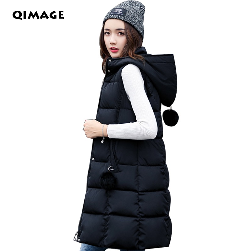 

2017 Winter Long Vests For Women Korea Slim Down Coon Hooded Vest Jacket LadyThick Waistcoat Vest Outwear Women's Clothing, Black