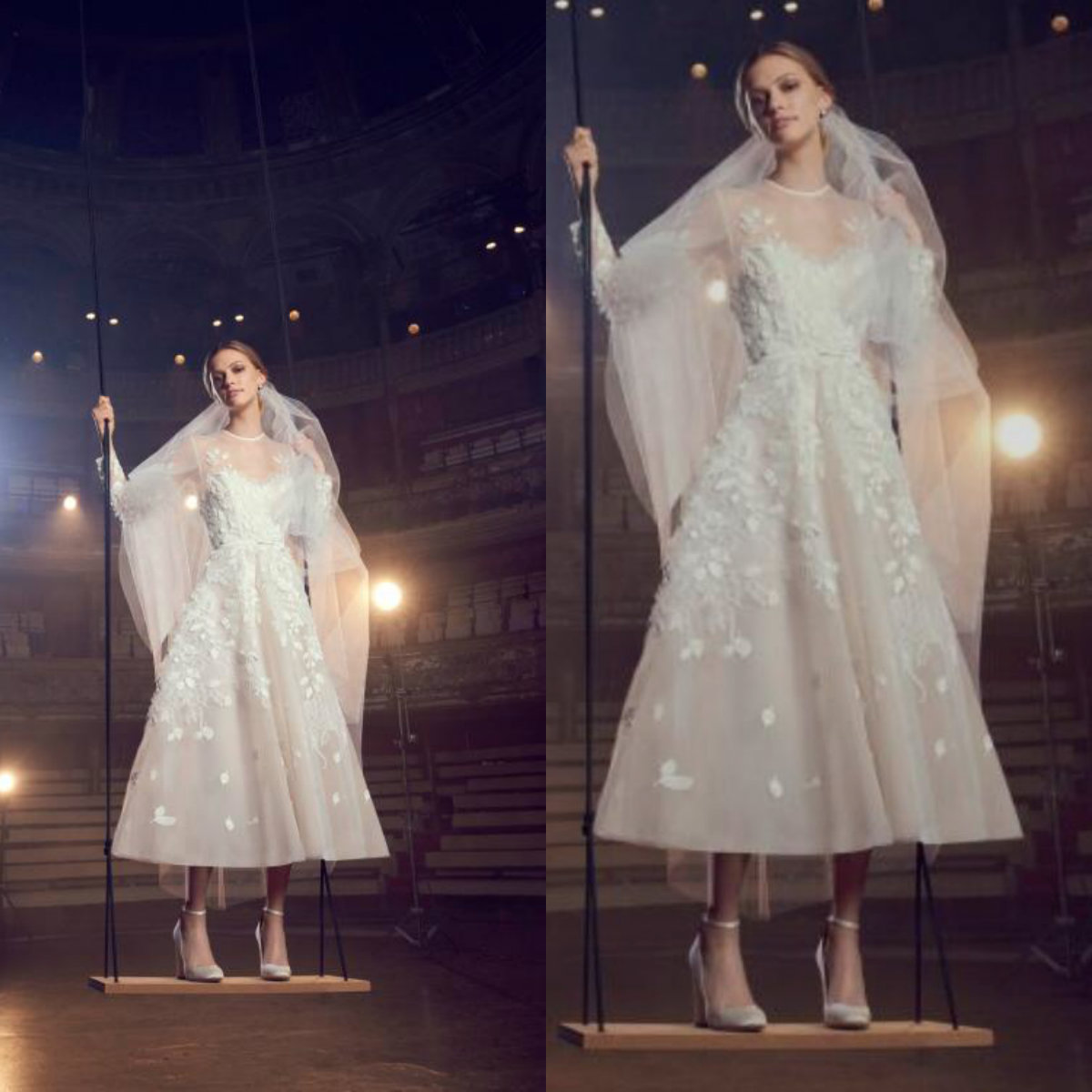 

Elie Saab Short Wedding Gowns Jewel Neck Lace Applique Long Sleeve Bridal Dress Tea Length Plus Size Beach Wedding Dress Vestido De Novia, Ivory