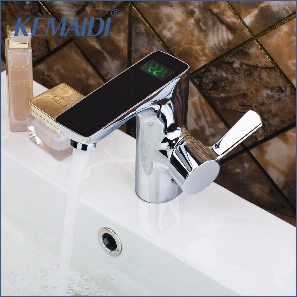 KEMAIDI Brass Chrome Polished Finish Digital Display Faucet Deck Mounted Mixer Sink Basin Water Tap Bathroom Faucet