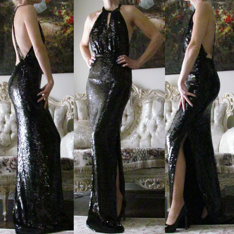

Black Halter Keyhole Sequined Mermaid Long Prom Dresses Sexy Backless Side Slit Evening Party Gowns Formal Red Carpet Celebrity Dresses, Pic color