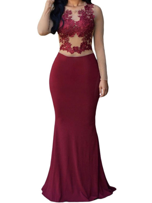 

Sexy Illusion Long Sleeves Mermaid Prom Dresses Lace Applique Formal Long Sheath Prom Gowns O-Neckline Evening Party Dresses Custom Made, Dark red