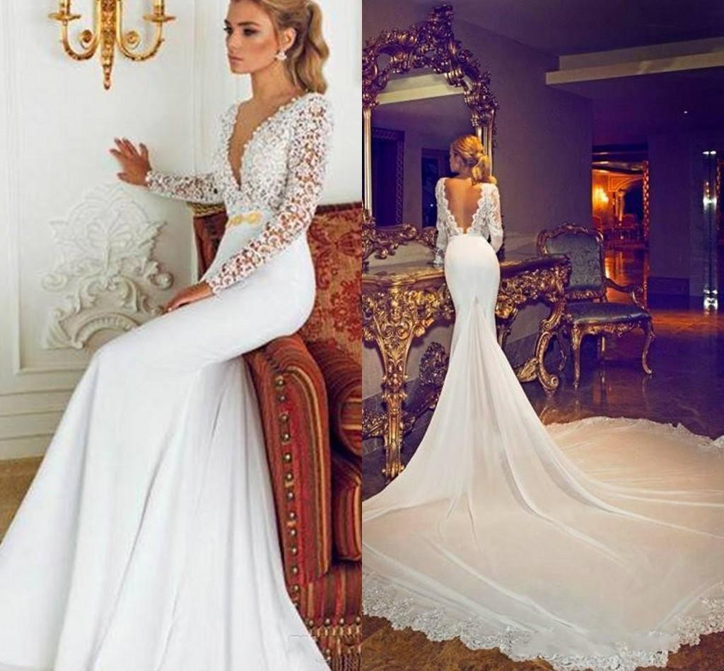 

New Bridal Gowns Sexy Deep V-neck Lace Long Mermaid Wedding Dresses With Long Sleeve Court Train Elegant Sash Vestidos, Same as image