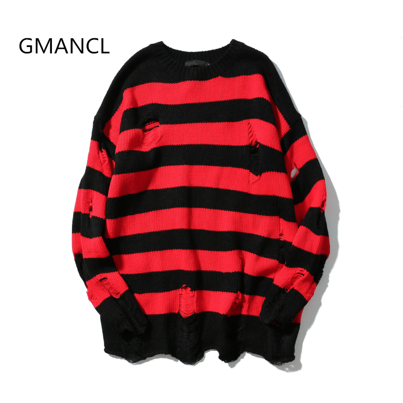 GMANCL Two colors Mens Ripped Holes Sweater autumn new Vintage oversized high quality Loose Cotton Casual men Pullovers sweater Y1892109