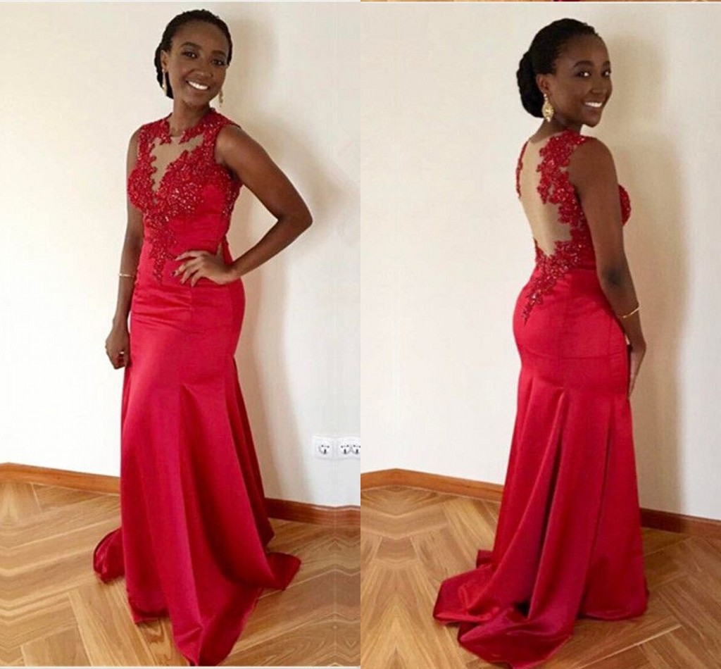 

Red Hollow Back Evening Gowns Long Cheap 2018 Sheer Neck Applique Beaded Sheath Satin Full Length Black Girls Prom Pageant Dress Gowns, Sage