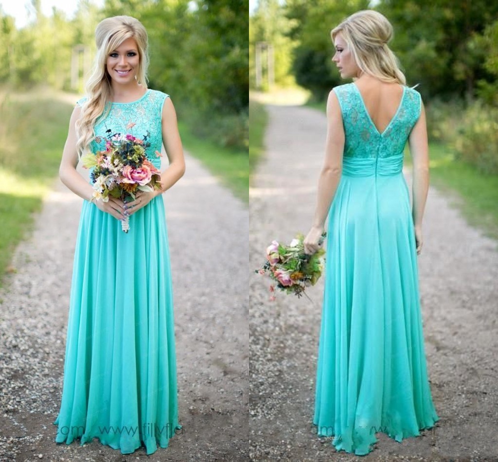 

New Design Turquoise Country Style Cheap Chiffon Bridesmaid Dresses Lace Pleats Floor Length Wedding Gust Dress Formal Maid of Honor Gowns