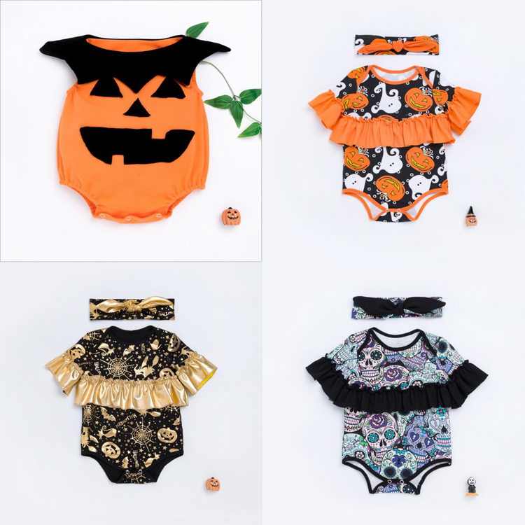 

New Arrival Baby Halloween Designs Romper Headband set for 0 to 24M Kids Cotton High Quality Rampers Wholesale, 4# design