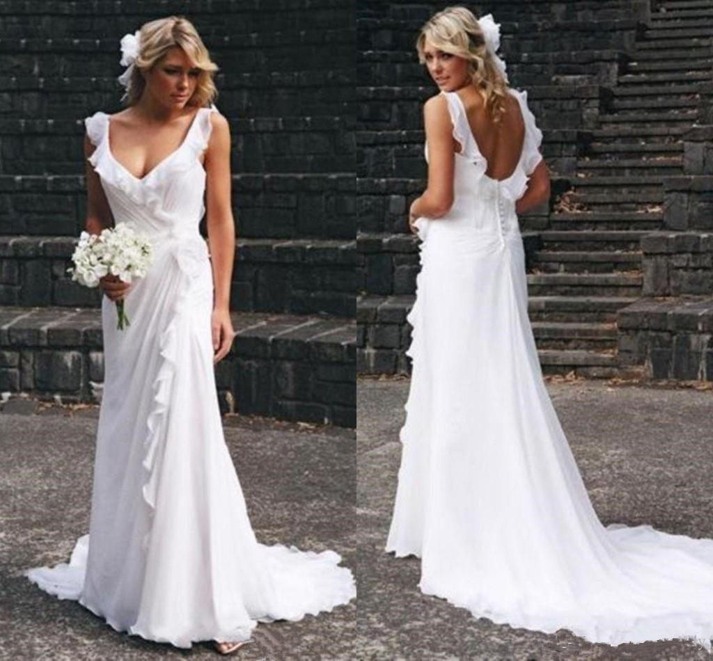 

Spring Summer Long Sweep Chiffon Wedding Dresses with Ruffles Off Shoulder Backless Sexy Bridal Dresses China, White