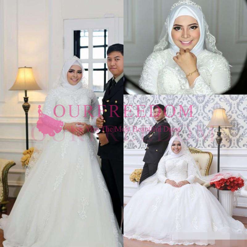 

2019 Modest Muslim Arabic High Neck Lace Wedding Dresses Long Sleeves Appliqued Hijab Bridal Gowns Plus Size, Black