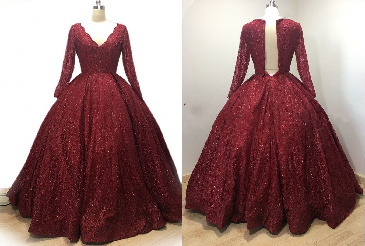

Sparkly Sequined Ball Gown Dresses Dark Red V Neck Evening Prom Dress With Long Sleeves Zipper Back No Train Formal Quinceanera Dress, White