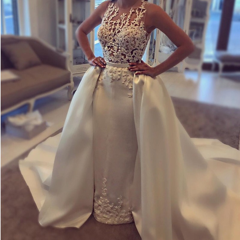 

Elegant Satin Mermaid Wedding Dresses With Detachable Overskirt Beads Lace Applique Backless Bridal Dress Graceful Sweep Train Wedding Dress, Red