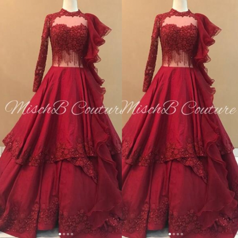 

High Neck Lace Prom Dresses Dark Red Long Sleeves Evening Gowns Saudi Arabia Tiered Women Party Dress Custom Made Top See Through Vestidos, Dark green