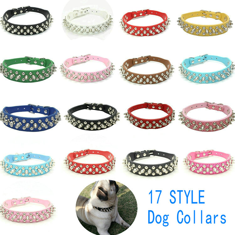 

17 New Style Dog Collars Candy Color PU Leather Rivet Spiked Puppy Necklace Studded Pet Dog Adjustable Collar Neck Collare Cane