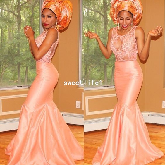 

2019 Peach Mermaid Bridesmaid Dresses Jewel Neck Lace Appliques Illusion Bodice Satin Maid Of Honor Wedding Guest Gown Custom Made