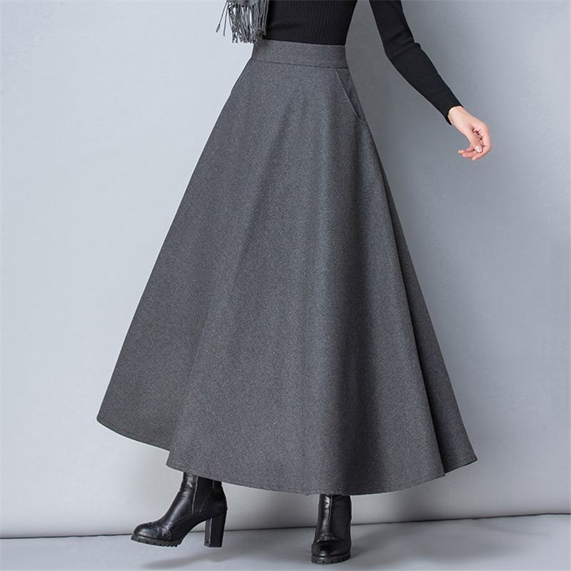 Winter Women Long Woolen Skirt Fashion High Waist Basic Wool Skirts Female Casual Thick Warm Elastic A-Line Maxi Skirts O839 C18110801