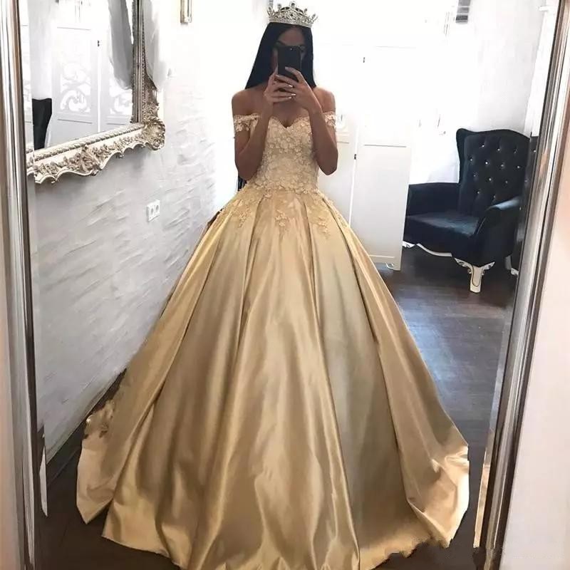 

Fall 2019 Gold Formal Dresses Evening Wear Off The Shoulder Neckline Beautiful Lace Bodice Puffy A Line Skirt Party Evening Gowns