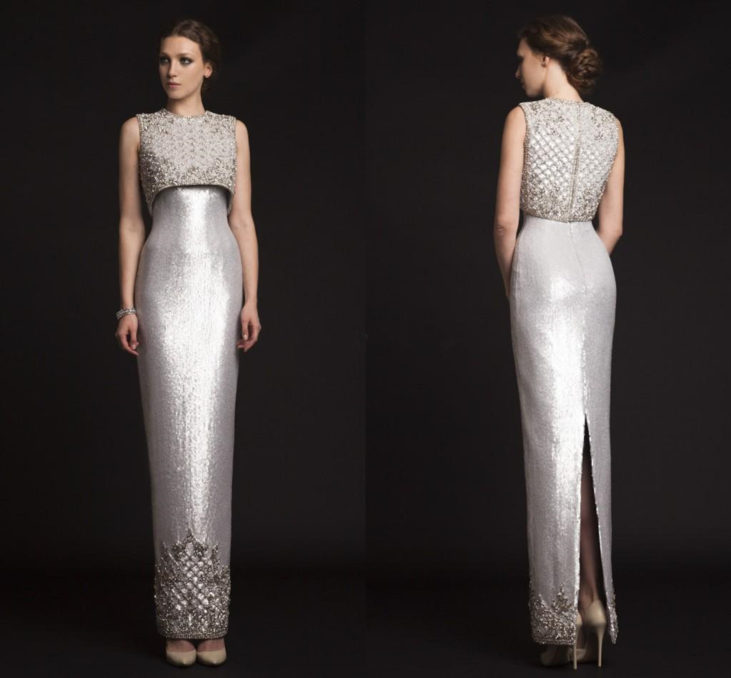 

2019 New Luxury Krikor Jabotian Evening Dresses Sequins Beading Satin Sheath Custom Made Silver Prom Dresses Split Back Formal Gowns