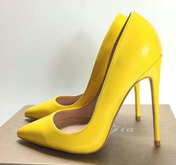 

Women yellow Sheepskin Nude Patent Leather Poined Toe Women Pumps,120mm 100mm Fashion lRed Bottom High Heels Shoes for Women Wedding shoes