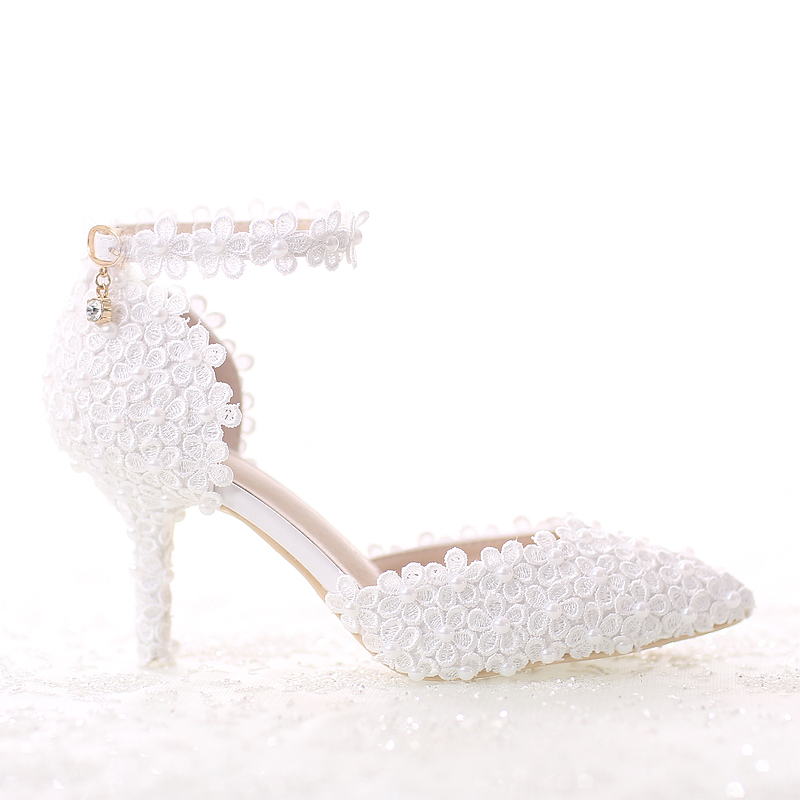 

2018 New Arrival Pearls White Wedding Shoes 7cm High Heel Bridal Shoes Custom Made Party Women Shoes For Wedding