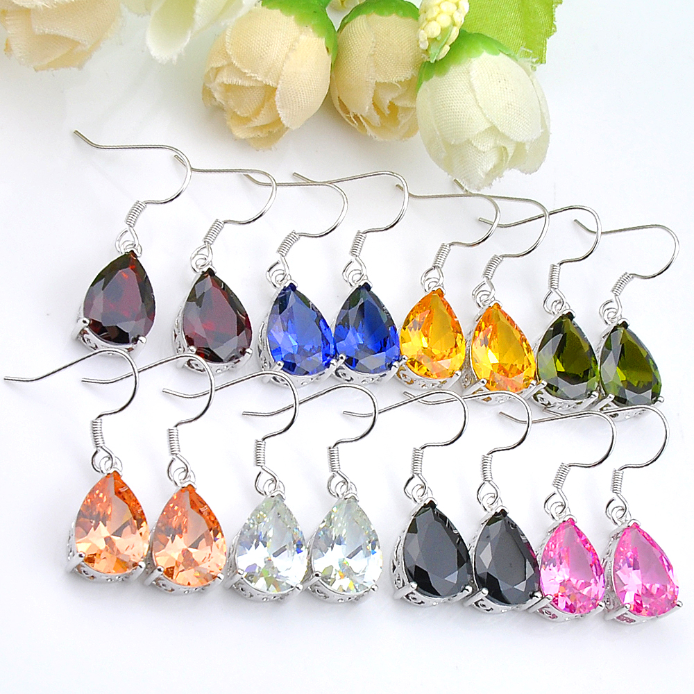 

Luckyshine 2 Pcs Lot Pear shaped Morganite Garnet Citrine Earrings 925 Sterling Silver Plater Women Zircon Earrings Brand Fashion Jewelry