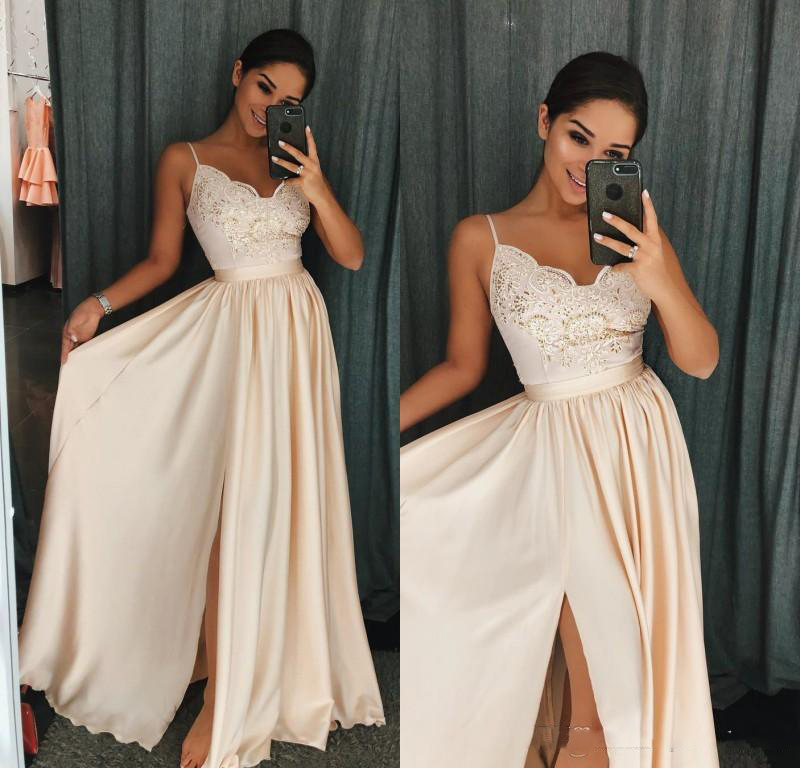

Champagne Long Prom Dresses With Lace Spaghetti Sheath Evening Gowns Satin Split Floor Length Women Special Occasion Dresses Online, Light yellow
