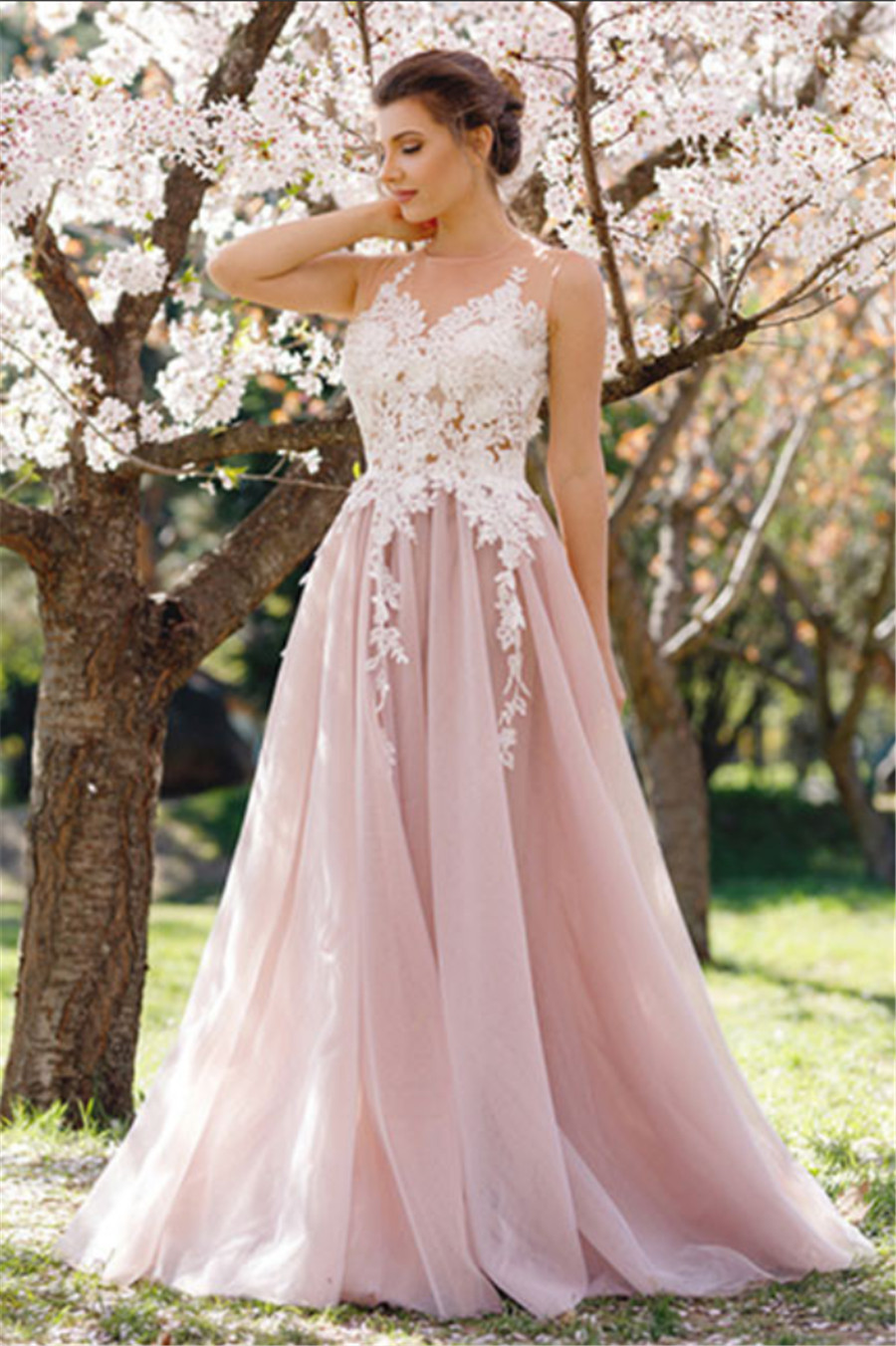 Décolleté transparent sans manches longueur de plancher rose robe de bal tulle longue appliques robe de soirée en dentelle tenue de soirée