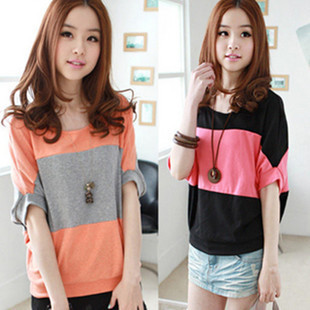 

Women' Tops Short Sleeve Round Neck Striped Color Block Summer Loose Bat Sleeves T-Shirts Casual Blouse , Large Size, Orange