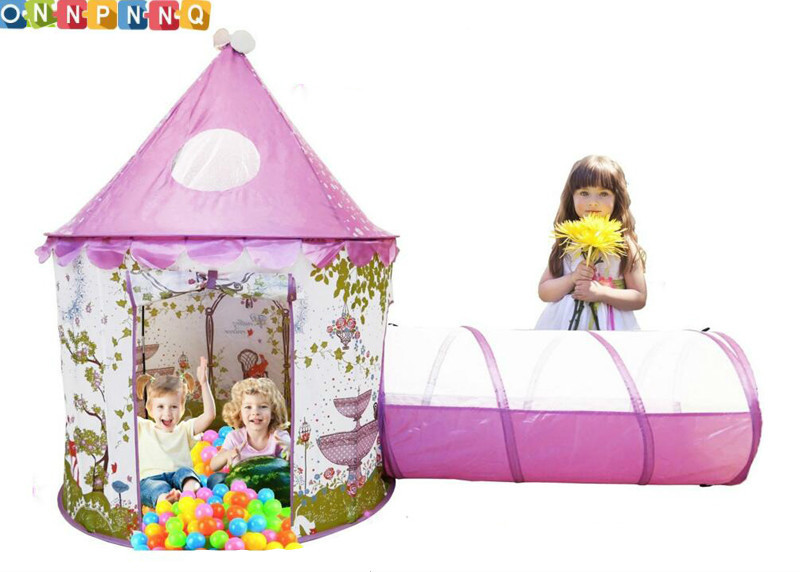 Protable Children outdoor toys Baby Princess Castle Play teepee tents with Tunnel and Pink Girls house Fairy Game Kids Ball Pool Free ship-image-412557555